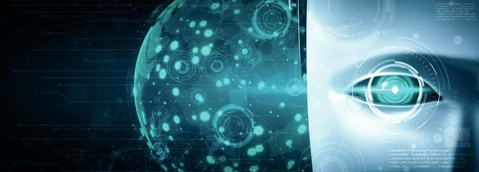 MLB Robot humanoid face close up with graphic concept of big data analytic Illustrazione stock