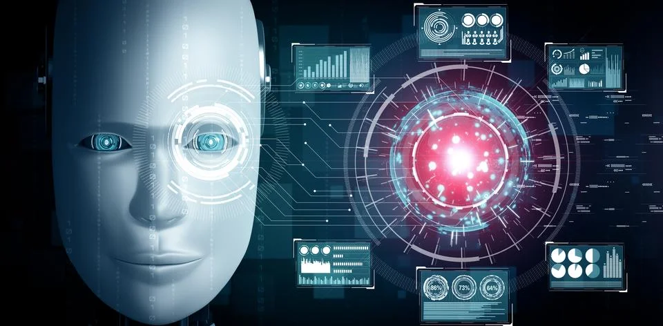 MLB Robot humanoid face close up with graphic concept of big data analytic Stock Illustration
