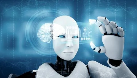 MLB Robot humanoid hold HUD hologram screen in concept of AI thinking brain イラスト素材