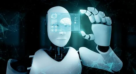 MLB Robot humanoid hold HUD hologram screen in concept of AI thinking brain 스톡 일러스트