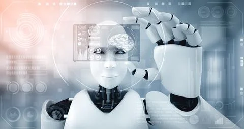 MLB Robot humanoid hold HUD hologram screen in concept of AI thinking brain Illustrazione stock
