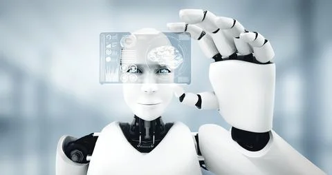 MLB Robot humanoid hold HUD hologram screen in concept of AI thinking brain Stock Illustration