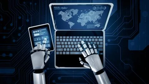 MLB Robot humanoid use laptop and sit at table for global network connection Stock Illustration