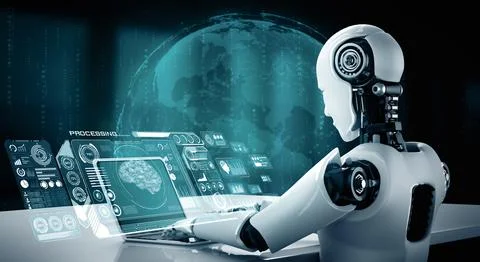 MLB Robot humanoid use laptop and sit at table for big data analytic 스톡 일러스트