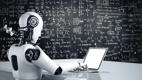MLB Robot humanoid use laptop and sit at table for engineering science studying Stock Illustration