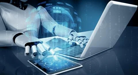 MLB Robot humanoid use laptop and sit at table for big data analytic Stockillustratie