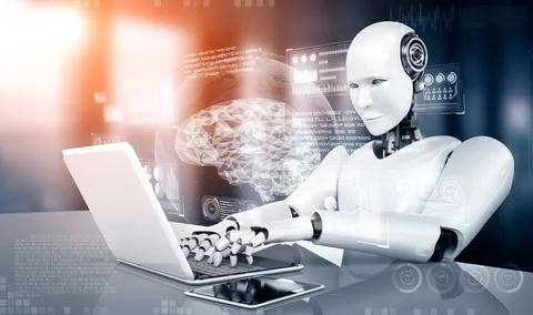 MLB Robot humanoid use laptop and sit at table in concept of AI thinking brain Stock Illustration