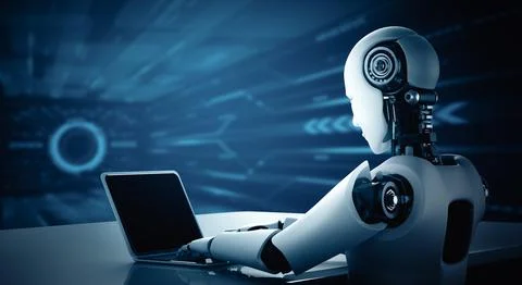 MLB Robot humanoid use laptop and sit at table in future office 스톡 일러스트