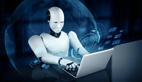 MLB Robot humanoid use laptop and sit at table for big data analytic Illustrazione stock
