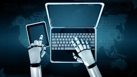MLB Robot humanoid use laptop and sit at table for global network connection Stock Illustration