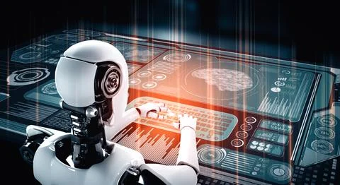MLB Robot humanoid use laptop and sit at table for big data analytic 스톡 일러스트