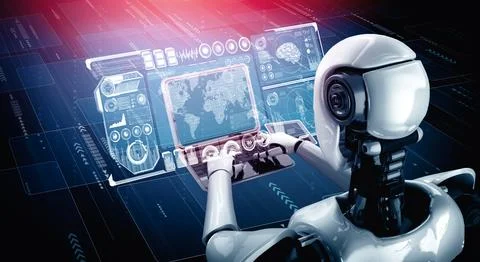 MLB Robot humanoid use laptop and sit at table for big data analytic Stockillustratie