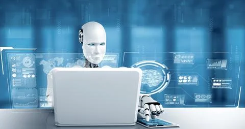 MLB Robot humanoid use laptop and sit at table for big data analytic Stock Illustration