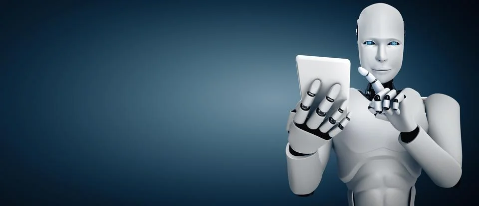 MLB Robot humanoid use mobile phone or tablet in future office 스톡 일러스트