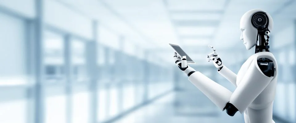 MLB Robot humanoid use mobile phone or tablet in future office Stock Illustration