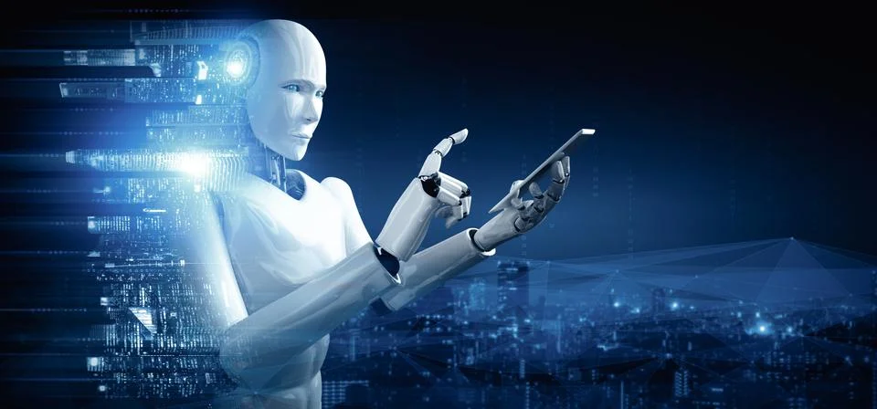 MLB Robot humanoid use mobile phone or tablet for global network connection Stockillustratie