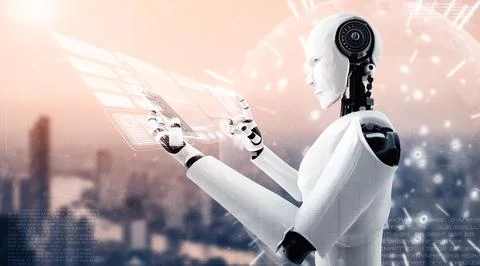 MLB Robot humanoid use mobile phone or tablet for big data analytic Stock Illustration