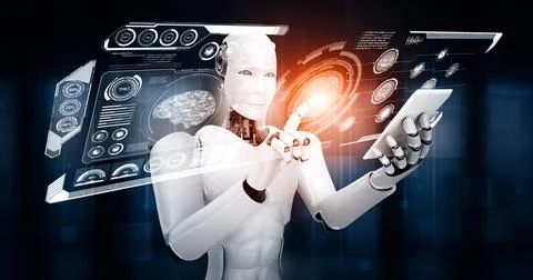 MLB Robot humanoid use mobile phone or tablet for big data analytic Illustrazione stock