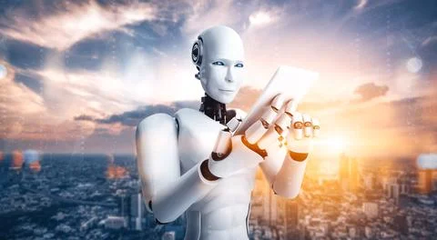 MLB Robot humanoid use mobile phone or tablet for global network connection Stock Illustration