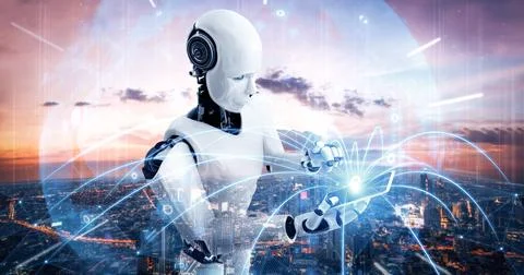 MLB Robot humanoid use mobile phone or tablet for global network connection Stock Illustration