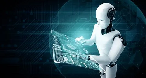 MLB Robot humanoid use mobile phone or tablet for big data analytic Illustrazione stock