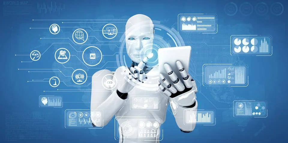 MLB Robot humanoid use mobile phone or tablet for big data analytic Stockillustratie