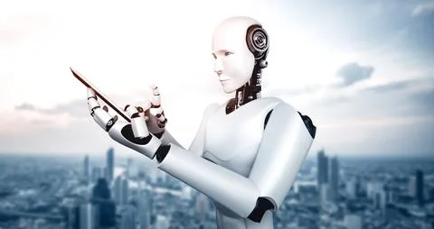 MLB Robot humanoid use mobile phone or tablet in future office 스톡 일러스트