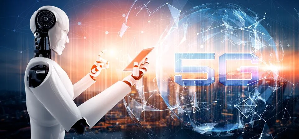 MLB Robot humanoid use mobile phone or tablet for global network connection Stock Illustration