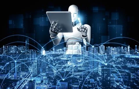 MLB Robot humanoid using tablet computer for global network connection Stock Illustration