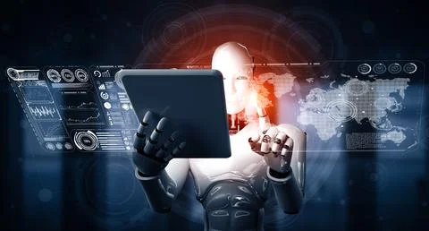 MLB Robot humanoid using tablet computer for big data analytic Stock Illustration