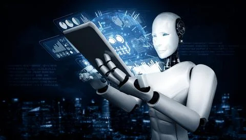 MLB Robot humanoid using tablet computer for big data analytic Stock Illustration