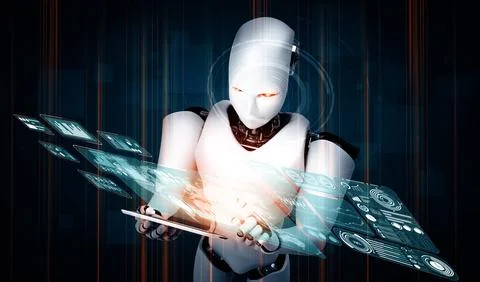 MLB Robot humanoid using tablet computer for big data analytic Illustrazione stock