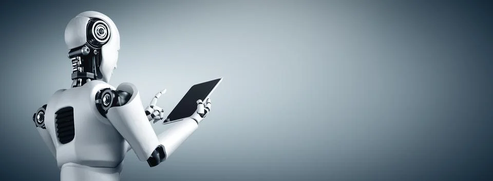 MLB Robot humanoid using tablet computer in future office Stock Illustration