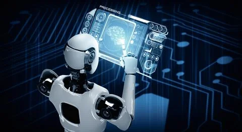 MLB Robot humanoid using tablet computer in concept of AI thinking brain Stock Illustration