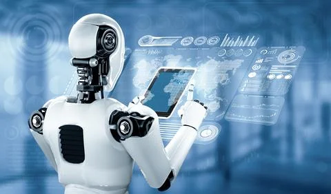 MLB Robot humanoid using tablet computer for big data analytic Illustrazione stock