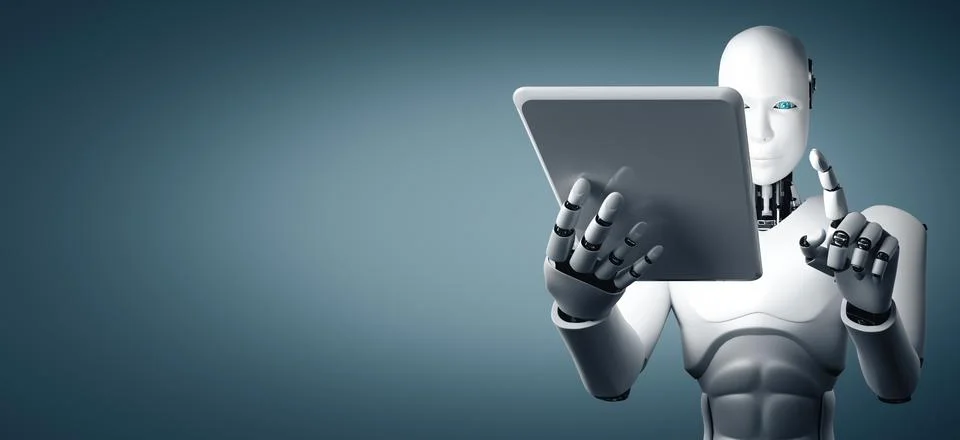 MLB Robot humanoid using tablet computer in future office 스톡 일러스트