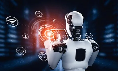 MLB Robot humanoid using tablet computer for global network connection Illustrazione stock