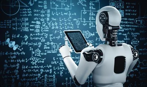 MLB Robot humanoid using tablet computer for engineering science studying Stock Illustration