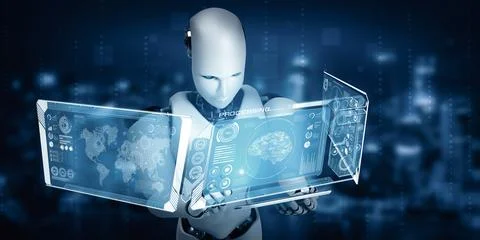 MLB Robot humanoid using tablet computer for big data analytic Stock Illustration