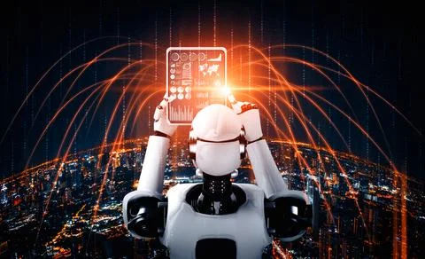 MLB Robot humanoid using tablet computer for global network connection イラスト素材