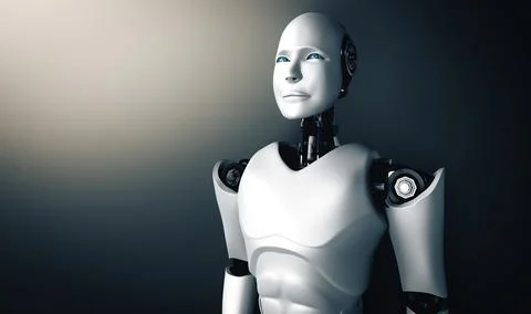 MLB Standing humanoid robot looking forward on clean background Stock Illustration