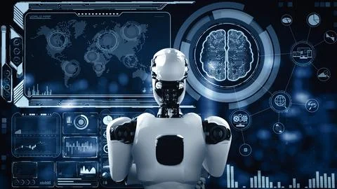 MLB Thinking AI hominoid robot analyzing hologram screen showing concept big Illustrazione stock