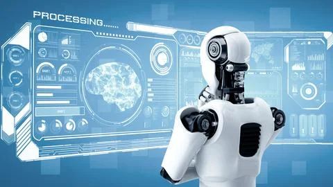 MLB Thinking AI hominoid robot analyzing hologram screen showing concept of AI Stock Illustration