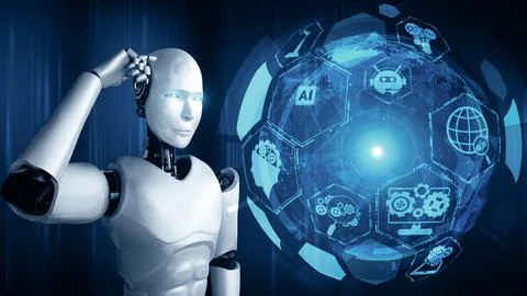 MLB Thinking AI hominoid robot analyzing hologram screen shows concept of Stock Illustration