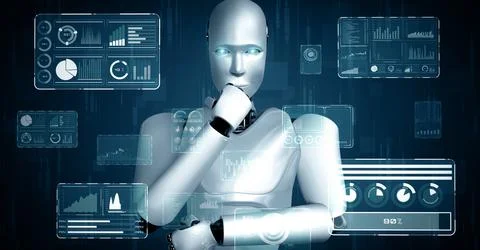 MLB Thinking AI hominoid robot analyzing hologram screen showing concept big Illustrazione stock