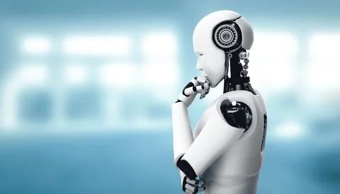 MLB Thinking AI humanoid robot analyzing information data Illustrazione stock