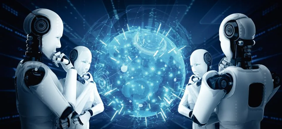 MLB Thinking AI humanoid robot analyzing hologram screen shows concept of Illustrazione stock