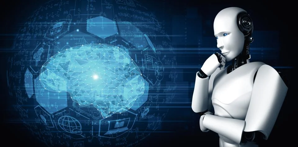 MLB Thinking AI humanoid robot analyzing hologram screen showing concept of AI 스톡 일러스트