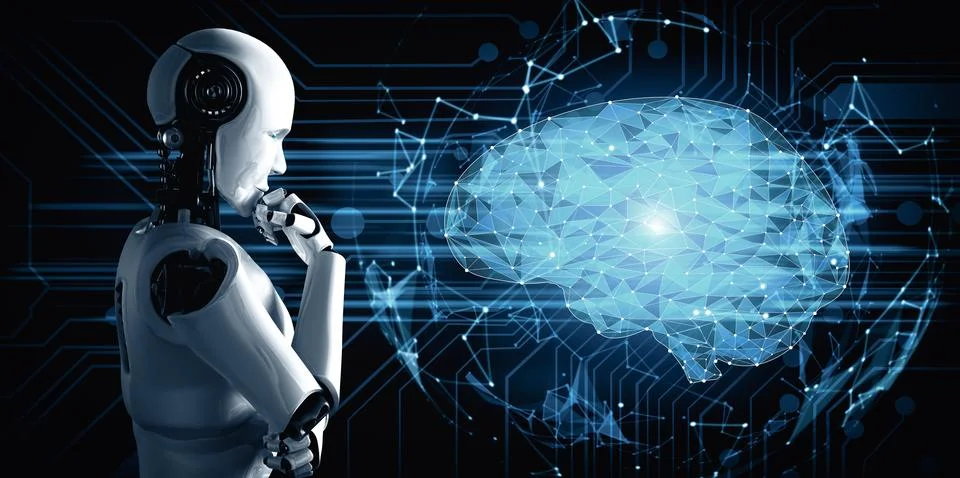 MLB Thinking AI humanoid robot analyzing hologram screen showing concept of AI 스톡 일러스트