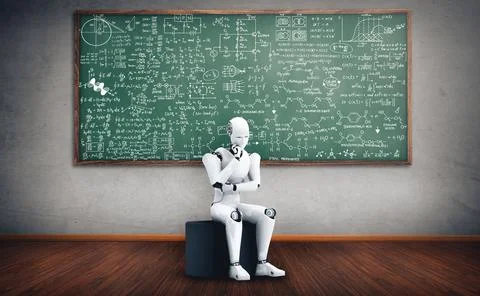MLB Thinking AI humanoid robot analyzing screen of mathematics formula and Stock Illustration